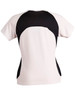A ladies' tee shirt featuring a black and white design, with a fitted style and short sleeves. Includes a logo.