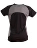 A black and grey ladies' t-shirt featuring a sleek design and mesh panels for breathability.