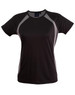 A black ladies' T-shirt with mesh detailing on the sides, featuring a logo on the neckline.