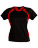 A black and red women's tee shirt with short sleeves and a fitted design. Features a logo on the label.