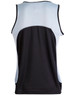 A men's sprint singlet featuring a black body and light blue mesh panels, with a logo on the back.