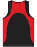 A men's sprint singlet featuring black fabric with red accents and a logo present.