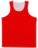 A red basketball singlet featuring a sleeveless design and a mesh inner lining, with a logo branding.
