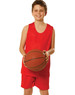 A red kid's basketball singlet and shorts set, with a boy holding a basketball, featuring a logo.