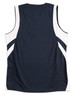 A navy blue adults' basketball singlet with white mesh panels and stripes, featuring a logo on the back.