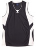 A black and white kid's basketball singlet with a modern design, featuring a logo on the neckline.