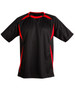 A black and red kid's soccer jersey with short sleeves and a logo on the front.