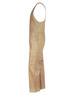 A tan cotton drill overall with an action back design features multiple pockets and a simple, functional style.