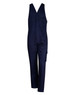 A navy blue cotton drill overall with adjustable straps and multiple pockets. Features a branding logo.