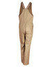 Men's cotton drill overalls in tan, featuring adjustable straps and side pockets, with a branding logo.