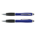 A sleek blue stylus pen featuring a black grip and a silver clip, with a logo on its body. A sleek blue stylus pen featuring a black grip and a silver clip, with a logo on its body.