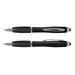 A black stylus pen with silver accents, featuring a logo, positioned at two angles. A black stylus pen with silver accents, featuring a logo, positioned at two angles.