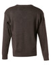 A grey V neck wool and acrylic knit jumper viewed from the back, featuring a simple design and long sleeves.