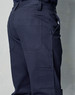 Navy cargo pants featuring knee pads and multiple pockets, with a clear logo on the back.