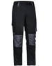 Unisex utility stretch cargo work pants in black with grey patches, featuring side pockets and a logo.