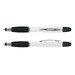 A white and black multi-function pen with a sleek design and ergonomic grip, featuring a logo on its body. A white and black multi-function pen with a sleek design and ergonomic grip, featuring a logo on its body.