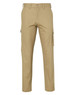 Stout fit cargo pants in a light tan colour with drill pant pockets on the leg and a logo present.