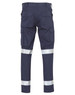 Navy work pants featuring multiple leg pockets and reflective strips for visibility, with a logo on the back.