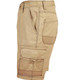 Light weight semi-fitted cargo shorts in khaki, featuring multiple pockets and a logo on the fabric.