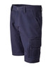 Lightweight semi-fitted work shorts in navy blue with cargo pockets and contrasting stitching. Features a logo.
