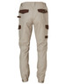 Beige workwear pants featuring brown accents and multiple pockets, with a logo on the back.