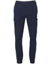 A pair of navy work pants with cargo pockets and an elasticated cuff, featuring a logo on the waistband.