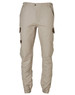 A pair of beige work pants featuring cargo pockets and a logo, designed for durability in work environments.