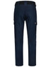 Navy stretch work pants with a fitted design, featuring multiple pockets and a logo on the back.