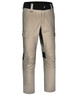 A pair of beige work pants featuring pockets and black accents, with a branding logo. Designed for durability and comfort.