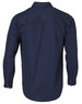 A navy long-sleeve cotton work shirt with a back yoke and buttoned cuffs. Features a logo.