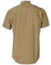 A short sleeve work shirt in a khaki colour, featuring a simple design with a back yoke and a logo.