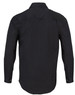 A black long-sleeved work shirt with a collar and buttoned cuffs, featuring a logo.