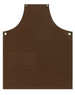 A brown canvas bib apron featuring a front pocket and metal eyelets. It has a simple and sturdy design.