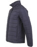 A navy men's sustainable insulated puffer jacket with a 3D cut, featuring a high collar and zip front.