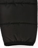 A black puffer jacket featuring a 3D cut with an elasticated hem, designed for insulation and sustainability.