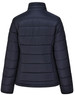 A navy blue ladies' sustainable insulated puffer jacket with a 3D cut and a logo on the back.