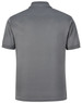 A grey men's sustainable poly/cotton polo shirt with short sleeves and a collar, featuring a logo on the chest.
