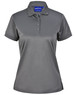 A grey ladies' short-sleeve polo shirt made from sustainable poly/cotton, featuring a collar and buttons, with a logo.