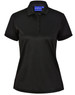 A black poly/cotton short-sleeve polo shirt with a collar and a button placket, featuring a logo.