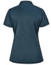 A dark teal ladies' sustainable poly/cotton short-sleeve polo shirt with a collar and a branding logo.