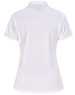A white women's polo shirt made from sustainable poly/cotton, featuring a classic collar and short sleeves.