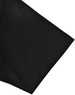 A close-up view of a black polo shirt sleeve featuring a contrast trim and a logo.