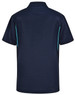 A navy blue kids' polo shirt featuring contrast detailing and a collar, with a branding logo present.