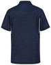 A navy blue kids' polo shirt featuring short sleeves and a collar, with branding on the back.