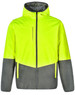 A Hi-Vis quilted safety jacket in bright yellow and grey with a hood and a front zip pocket. Features a logo.