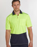 A unisex, short-sleeved polo shirt in high-visibility yellow and navy, featuring a pocket and a logo.