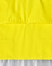 A bright yellow long-sleeved safety shirt with reflective grey material at the bottom and a logo present.