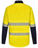 A long-sleeve safety shirt in bright yellow with navy blue sleeves, featuring segmented reflective tape.