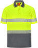 A unisex cooldry segmented safety polo shirt in bright yellow with grey stripes and a pocket. It features a logo.