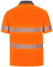 A bright orange unisex short-sleeve polo shirt featuring reflective segmented stripes and a grey collar.